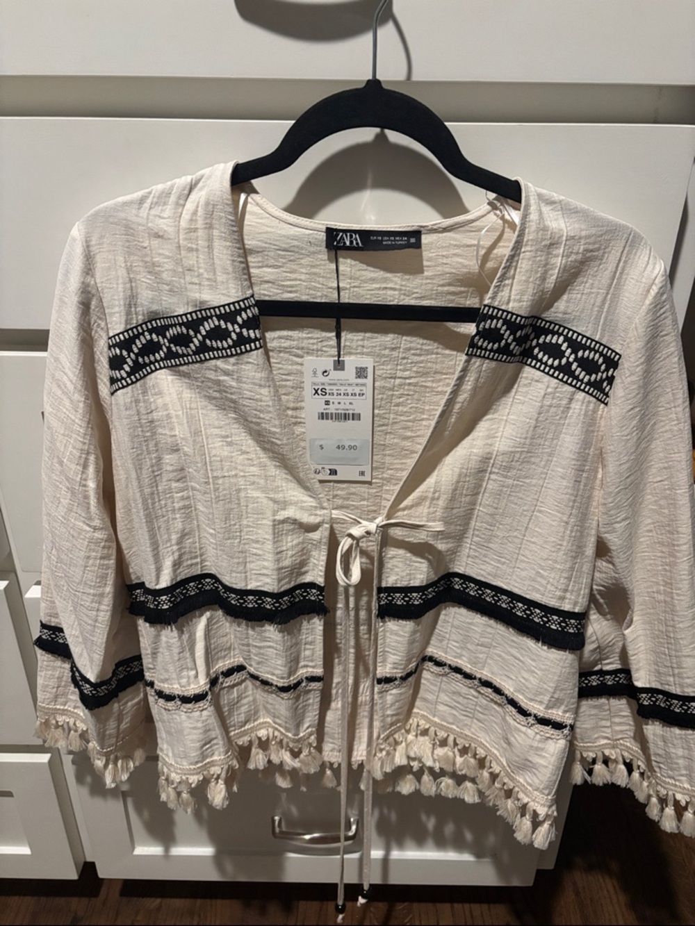 Zara Cream Tie-Front Boho Jacket with Black Trim